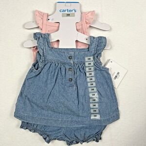 Carters Baby Girls 3M Denim Blue Ruffle Dress Bloomers Pink Bodysuit 3 Piece NWT
